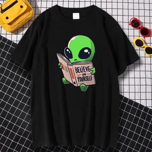 Cotton T-shirts For Man Green Alien Prints Believe In Yourself Tee Clothes Tops Tees Casual Men T Shirt