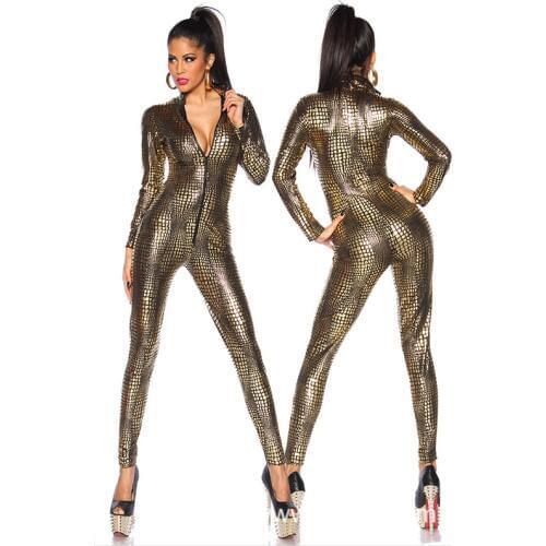Black Gold Snake Skin Jumpsuit Wetlook Faux Leather Long Sleeve PVC Catsuit with Zipper Sexy Latex Catsuit Fetish Sexy Costumes