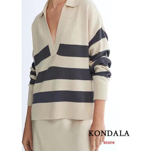 KONDALA Za 2021 Office Lady Striped V Neck Wool Women Sweaters Polo Shirt Long Sleeve Oversized Casual Pullovers Female Sweaters