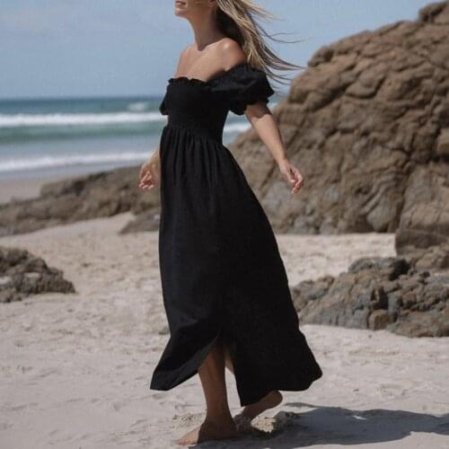 MosiMolly 2021 Summer Black Off Shoulder Dress Midi Dress Puff Sleeve Split Dress Boho Beach Dress