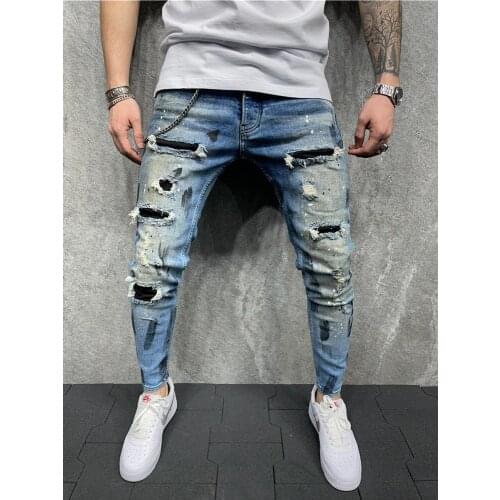 Mens Quilted Embroidered Jeans Skinny Jeans Ripped Grid Stretch Denim Pants MAN Elastic Waist Patchwork Jogging Denim Trousers