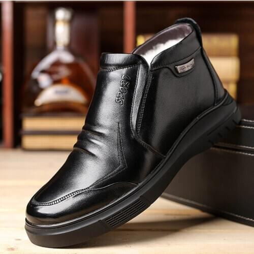 Wool Genuine Leather Men Snow Boots Non Slip Men Winter Boot Shoes Warm Waterproof Leather Shoes Men Platform Boots New Black