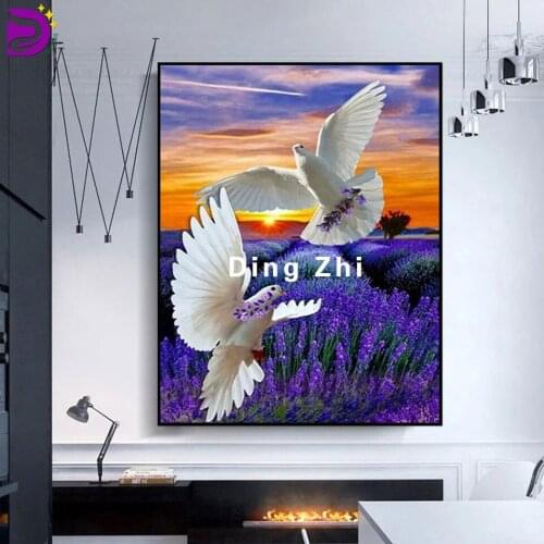 Lavender Sunset Peace Pigeon Diamond Mosaic Embroidery Animal Flower Wall Decor 5D Diy Diamond Painting Rhinestone Beaded Kit