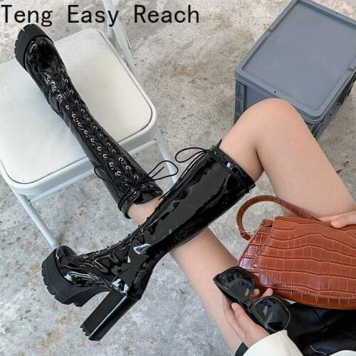 New autumn winter Patent Leather black Knee High Boots Lace Up Ladies Sexy Platform Boots High Heels Fashion Nightclub Boots