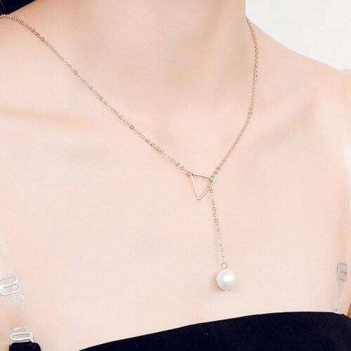EASYA 2018 Simulated Pearl Triangle Lariat Necklace Gold Color Geometric Necklace Collares For Women Bijoux Femme Jewelry