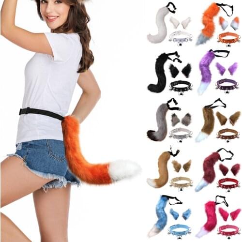 Fox Cat Ears Clips and Tail Set Bell Rivet Neck Collar Plush Cosplay Party Anime Accessories Halloween Party Role Playing Suits