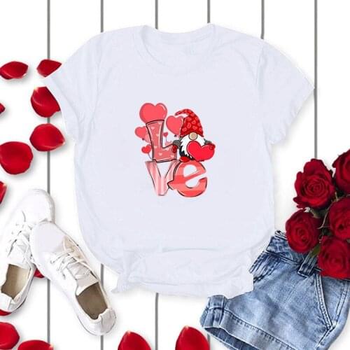 Happy Valentines Day Gnome Print Y2k Aesthetic Graphic T Shirts Round Neck Short Sleeve Cotton Woman Tshirts Street Style Tops