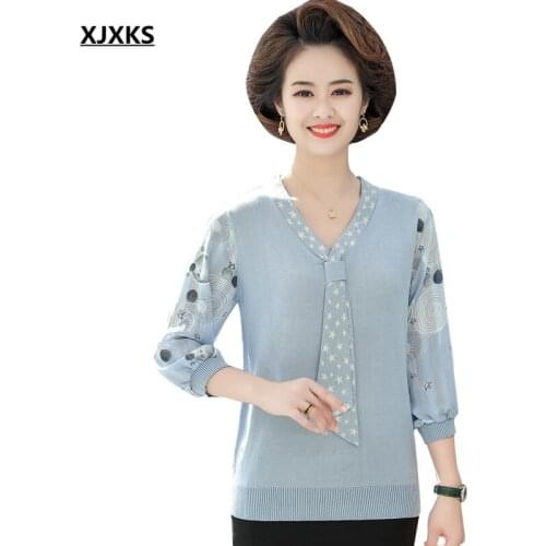 XJXKS High quality wool thin knitted sweater women pullovers 2021 spring autumn new splicing chiffon sleeve tops women pullovers