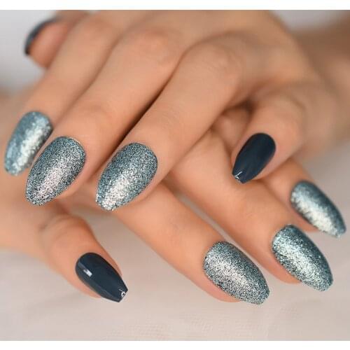 Bling Glitter Gray Blue Press on Nail Ballerina Coffin False Fake Nails Short Daily Office Finger Wear UV Nails for Women Girl