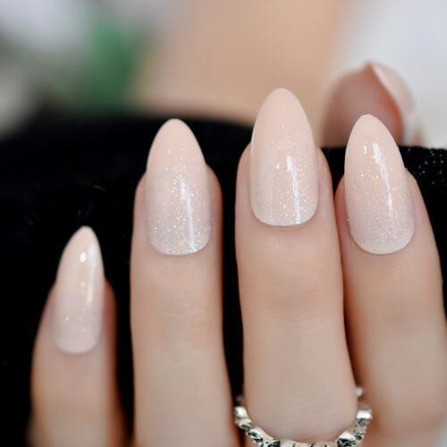 Glitter Nude Color Unique Nail Art Tips Rainbow Holo Powder Nail Art Design Tips Stiletto Shape with Glue Sticker