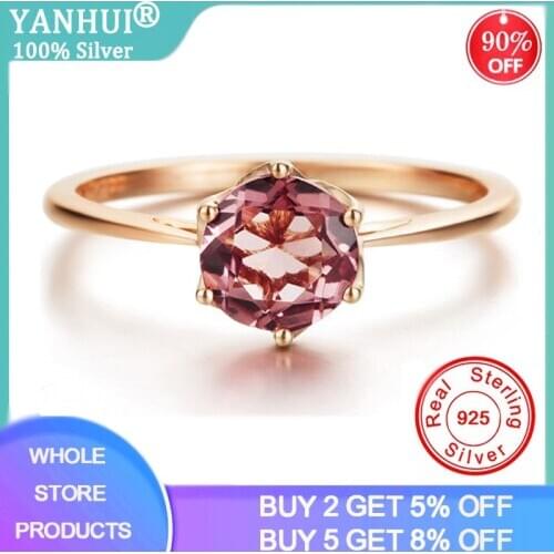 YANHUI Real 925 Sterling Silver Ring Red Topaz Rings For Women Zircon Gemstone Engagement Rings Silver 925 Jewelry Anillos Mujer