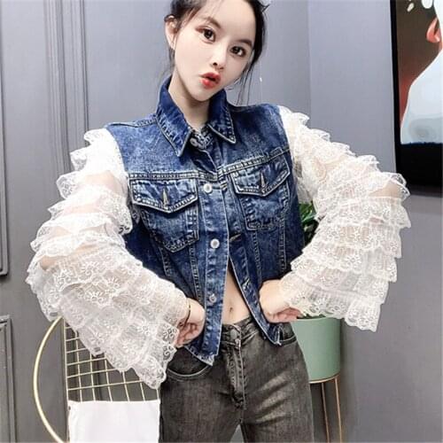 2021 Spring Fashion New Short Lapel Single-Breasted Stitching Layers Of Lace Long-Sleeved Denim Jacket Tops Womens Trend H128