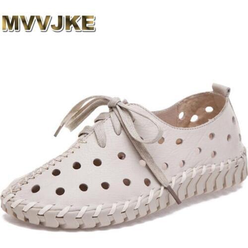 MVVJKE Summer Spring Hollow Genuine Leather Shoes Women 2018 New Fashion Lace Up Womens Flats Comfortable Handmade Pregnant Hol
