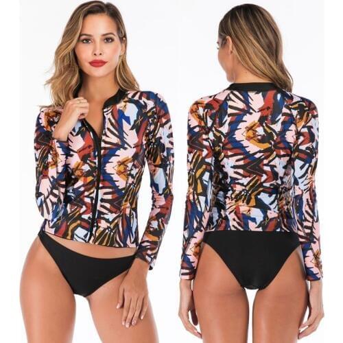 Womens Rash Guard Sun Protection UV Surf Tops & Bottoms Two Piece Long Sleeve Swim Shirt Zipper Front Tankini Swimsuit