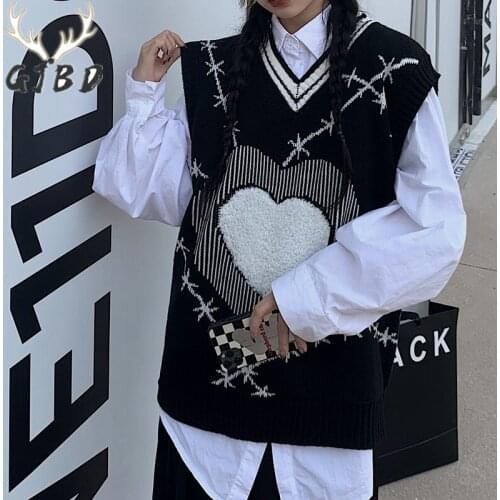 Vintage Women Sweater Vest Y2k 2021 Autumn Winter Korean Fashion Sleeveless Knitted Baggy Ladies Tops Knitted Sweater Waistcoat