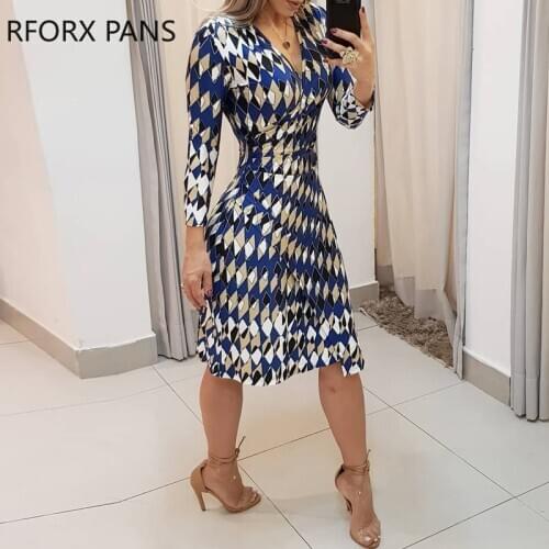 Women Deep V-Neck Colorblock Geometric Print Long SleeveCasual Dress Bodycon Elegant Party Dress