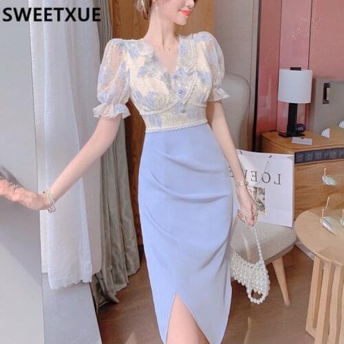 SWEETXUE French Holiday Fashion Temperament Dress Women 2021 Summer Lace V-neck Ruffled Puff Sleeve Patchwork OL Dress