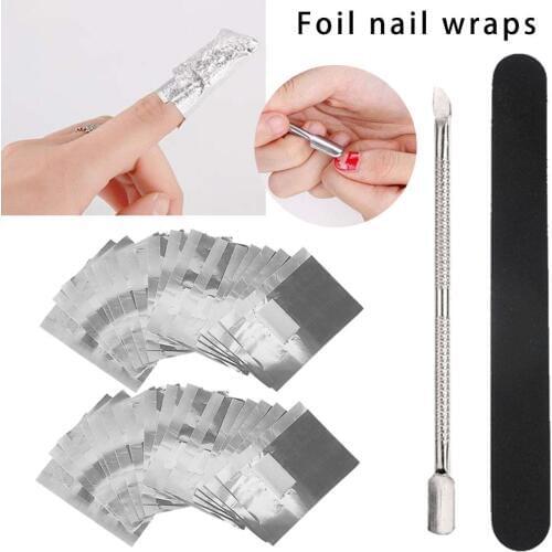 200Pcs Aluminium Foil Nail Polish Remover Wraps Kits Soak Off Gel Remover Foils +Nail Wraps Nail Cuticle Pusher+ Nail File