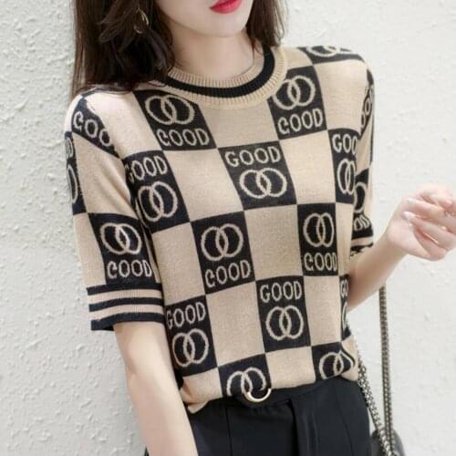 2021 Thin Woman Short Sleeve T Shirt Knitted Stitching Color Tee Shirts Femme Summer Loose Tops Casual Female Clothes