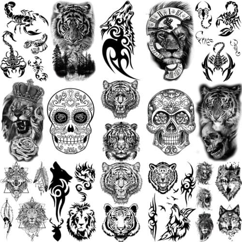 3D Realistic Tiger Lion Skeleton Temporary Tattoos For Adult Men Kids Scorpion Wolf Thorns Fake Tattoo Body Art Face Hands Tatoo