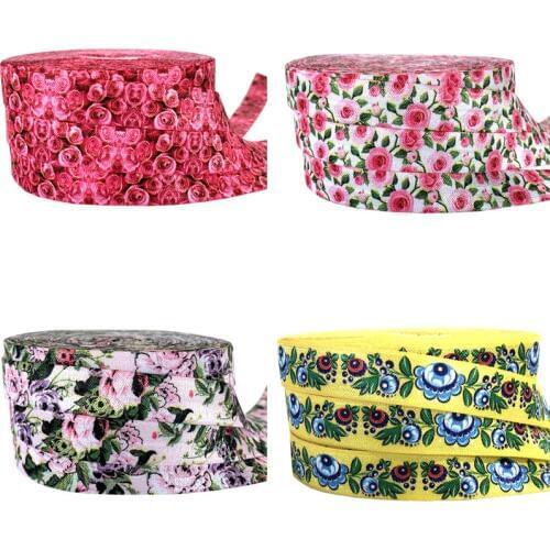 5/8"16mm Flower Patterns Printed Fold Over Elastic Ribbon DIY Pack Stuffs Hair Band Making Accessories 10Yards/lot