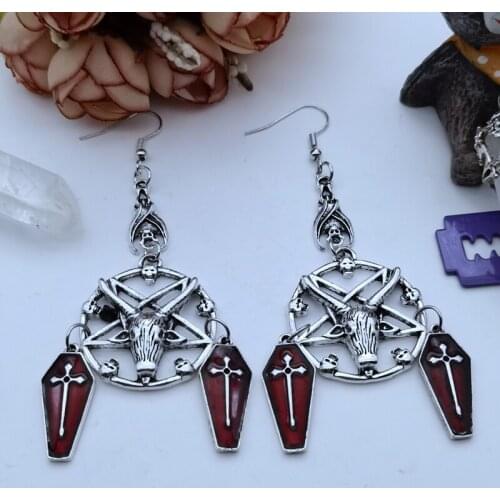 Unisex Accessories Goth Punk Five-pointed Star Deer Head, Skull Head, Blood Red Coffin Cross Pendant Earrings Wholesale