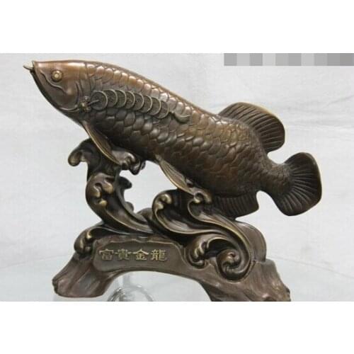 Fast shipping USPS to USA S3602 Chinese Pure Copper Bronze Home Feng Shui Wealth Gold Dragon Fish Koi Art Statue