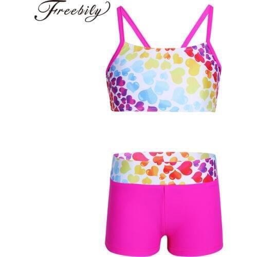 New Children Girls Polka Dot Strappy Top Bra and Shorts Set for Swimwear Gymnastics Leotard Dancing Exercise Workout Outfits