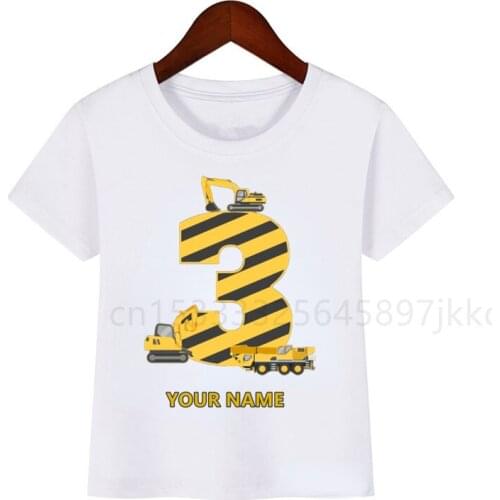 Childrens Cartoon Excavator Construction Truck Bulldozer Crane Name Printing T-shirt Boy Girl Birthday Number Funny Gift Tshirt