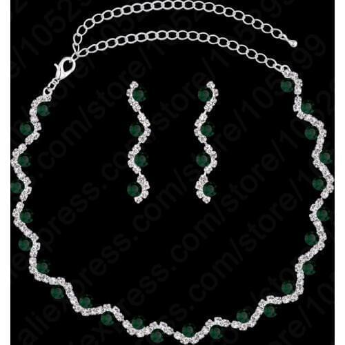 Womens High Quality 925 Sterling Silver CZ Green Color Necklace+Earrings Wedding Jewelry Sets Free Shipping