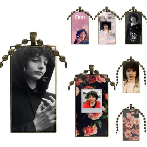 For Women Celebrity Finn Wolfhard Lovely Excellent Glass Cabochon Choker Pendant Rectangle Necklace Bronze Color Jewelry