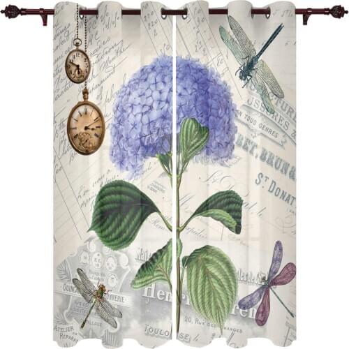 Purple Flower Dragonfly Clock Retro Window Curtains Home Decor Curtains for Living Room Christmas Curtains Bedroom Kitchen Items