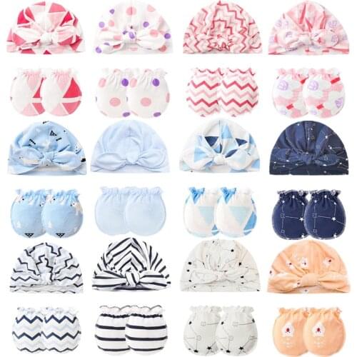 KLV Cotton Baby Anti-scratch Gloves Knotted Hat Set Handguard Newborn Mittens Baby Beanie Cap Bonnet Kit For Newborn Infant