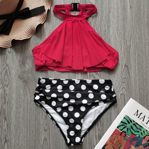 High Neck Girl Swimsuit Kids Ruffle Girl Bikini Set Falbala Two Piece Childrens Swimwear Polka Dot Girls Bathing Suit Beachwear