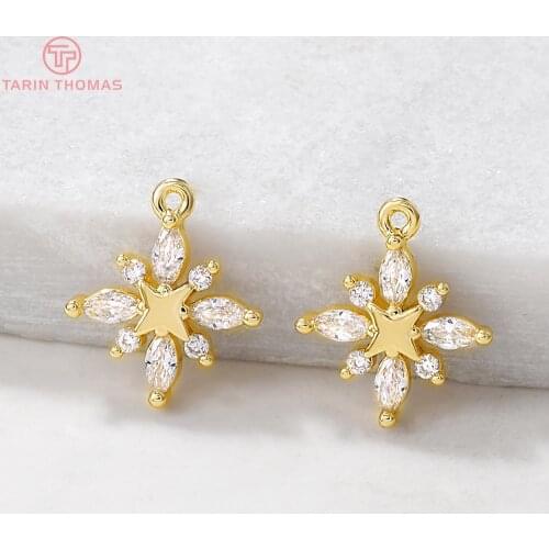 4PCS 13x15MM Hole 1MM 24K Gold Color Brass with Zircon Snowflake Charm Pendants for DIY Jewelry Making Findings Accessories