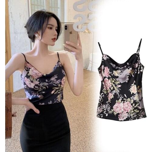Summer Tank Tops Women Sexy Slim Satin V-neck Shoulder Strap Halter Vest Female Undershirt Casual Daily Print Crop Tops T-shirt