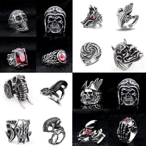 New Fashion Red Crystal CZ Mens Ring 316 Stainless Steel Skeleton Skull Elephant Vintage Rings Male Boy Retro Gothic Punk Style