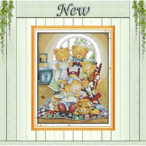 Bear house girl baby decor painting counted printed on canvas DMC 11CT 14CT Chinese Cross Stitch kits embroidery needlework Sets