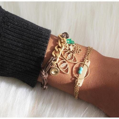 2019 New Trendy Palm Eye Leather Bracelet Female Jewelry Adjustable Gold Chain Link Wrap Bracelet for Women Men Vinatge Jewelry