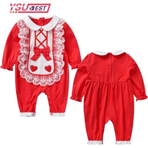 NewBorn Baby Girls Cotton Baby Long Sleeve Romper Bow Cute Infant One-piece Onesi Lace Red Romper Spring Autumn Party Clothes