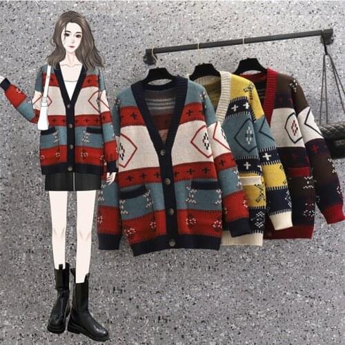 2021 autumn winter Fashion print Knitting oversized casual loose V-neck long-sleeved sweater Cardigan