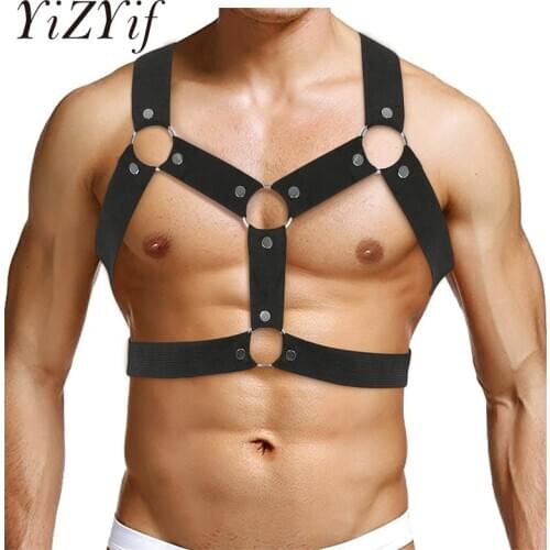 Sexy Men Elastic Shoulder Strap Chest Muscle Harness Belt with Metal O-rings and Studs Fancy Club Party Costume Strap Accessory