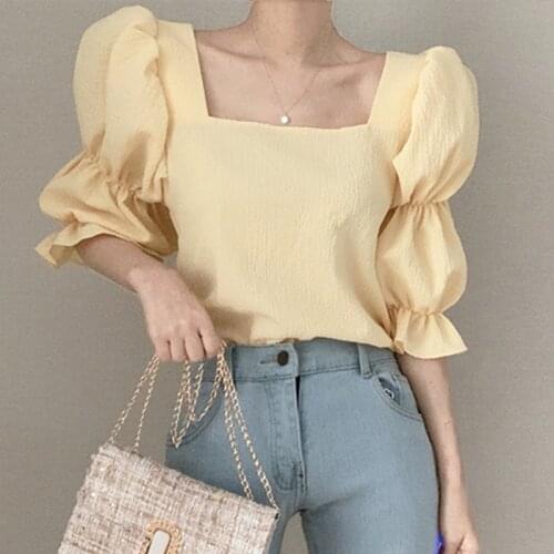 New French gentle and thin solid color square collar shirt with clavicle trendy design sense of pleated puff sleeve shirt women