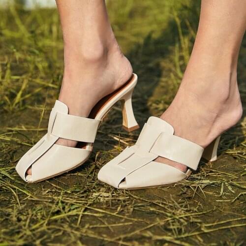 New Spring Thin High Heel Mule Slippers Women Slip On Outdoor Slides Fashion Weave Outside Slipper Elegant Sandals Wedding Shoes