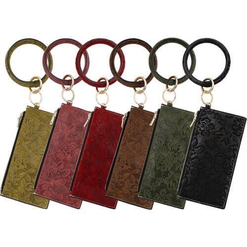 High Quality Fabrics Embossed PU Leather Bracelet Key Holder Keychain Wallet Wrist Strap Coin Money Wallet Car Keychain Bag