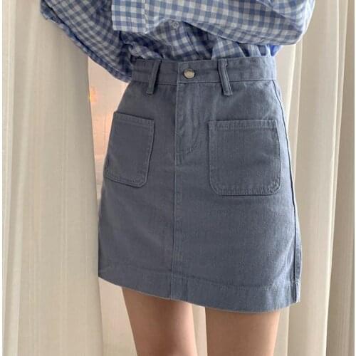 2021 Women Summer Skirt New Korea Fashion Casual A- Line Denim Skirt New Female Pockets High Waist Mini Jeans Skirt YM215