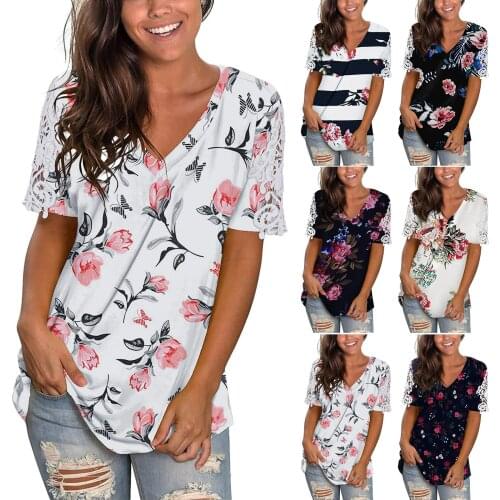 Women Fashion Short Sleeve V-Neck Summer Printed T-Shirt Casual Personalized Flowers Printing All-match T-shirt