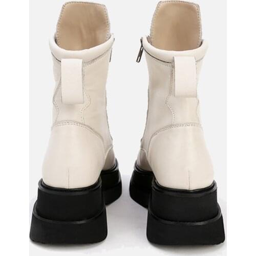 MUMANI Woman‘s Ankle Boots White Genuine Leather Cross-tied Round Toe Zipper Platform Motorcycle Footwear Elegant Handmade Shoes