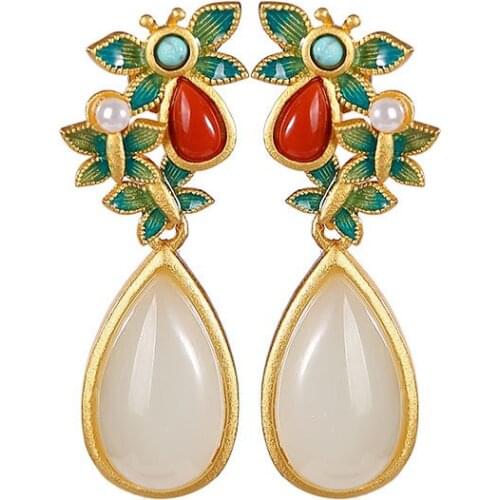 S925 sterling silver gold-plated cloisonne Hetian jade pearl stud earrings vintage butterfly drop-shaped womens earrings