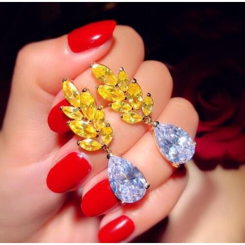 S925 Prom Set Yellow Crystal Luxury Retro Golden Wheat Ears Water Drop Female Yellow Drop Earrings Silver Womens Ring Necklace